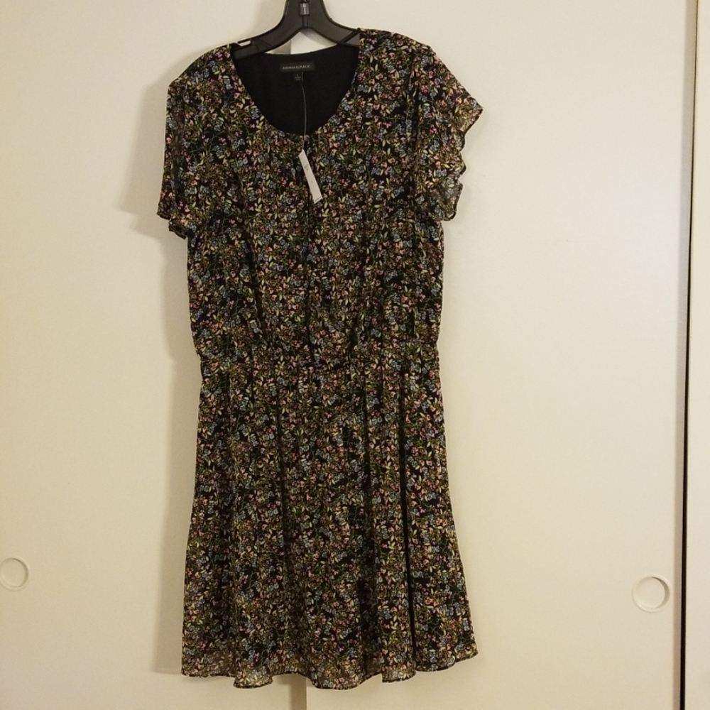 NWT BR Black Floral Faux Wrap Dress
